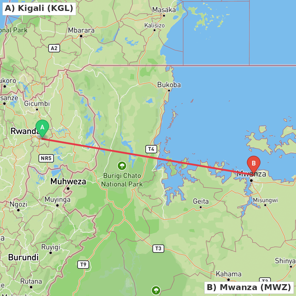 Flight route map from Kigali to Mwanza
