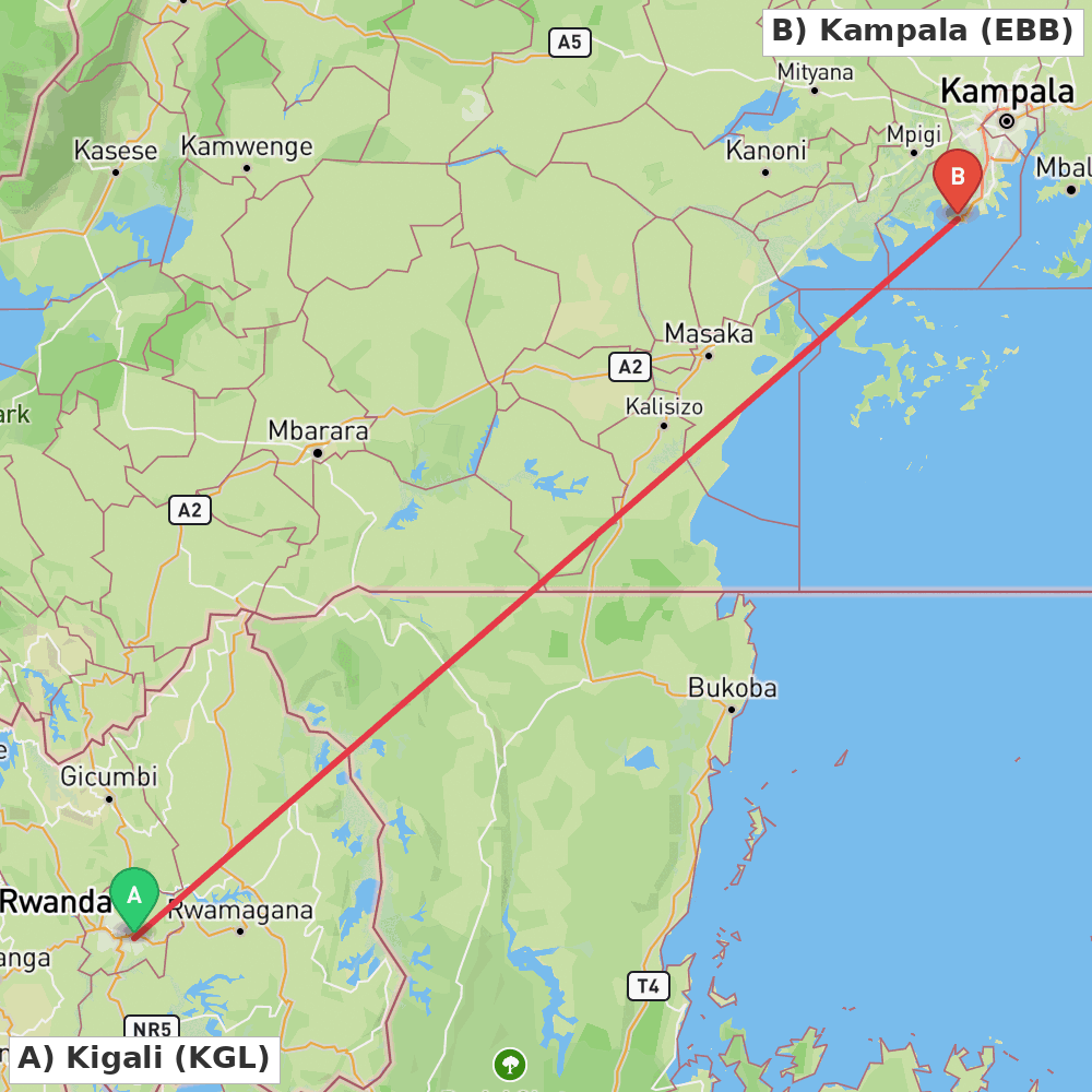 Flight route map from Kigali to Kampala