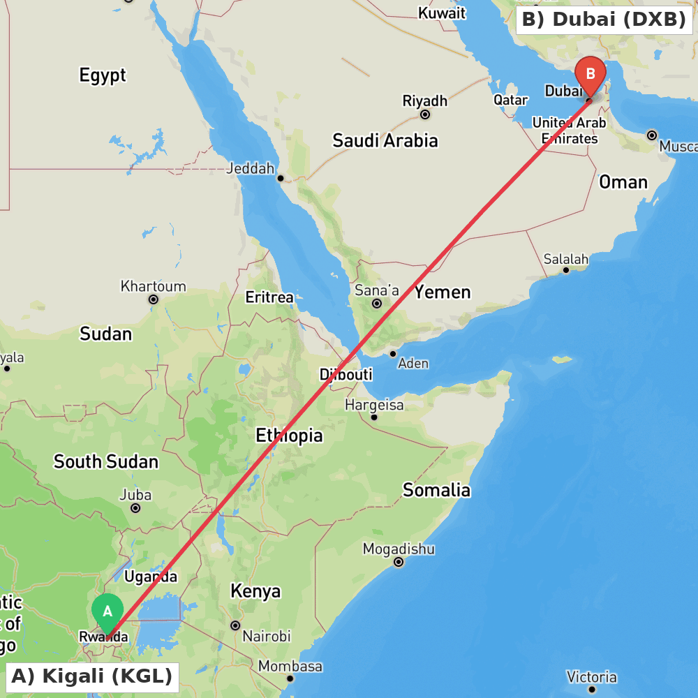 Flight route map from Kigali to Dubai
