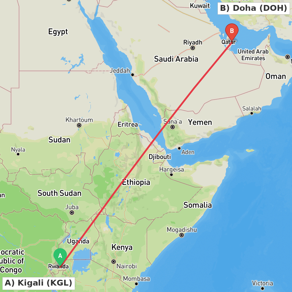 Flight route map from Kigali to Doha