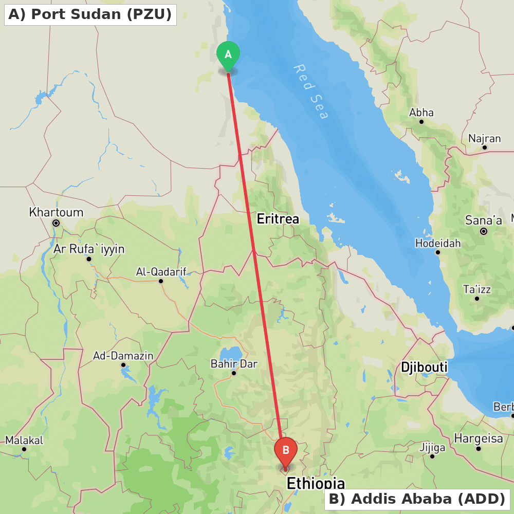 Flight route map from Port Sudan to Addis Ababa