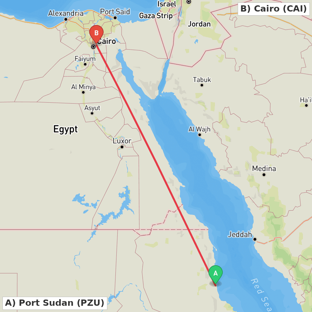 Flight route map from Port Sudan to Cairo