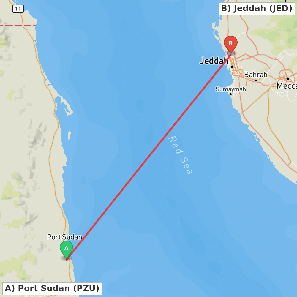 Flight route map from Port Sudan to Jeddah