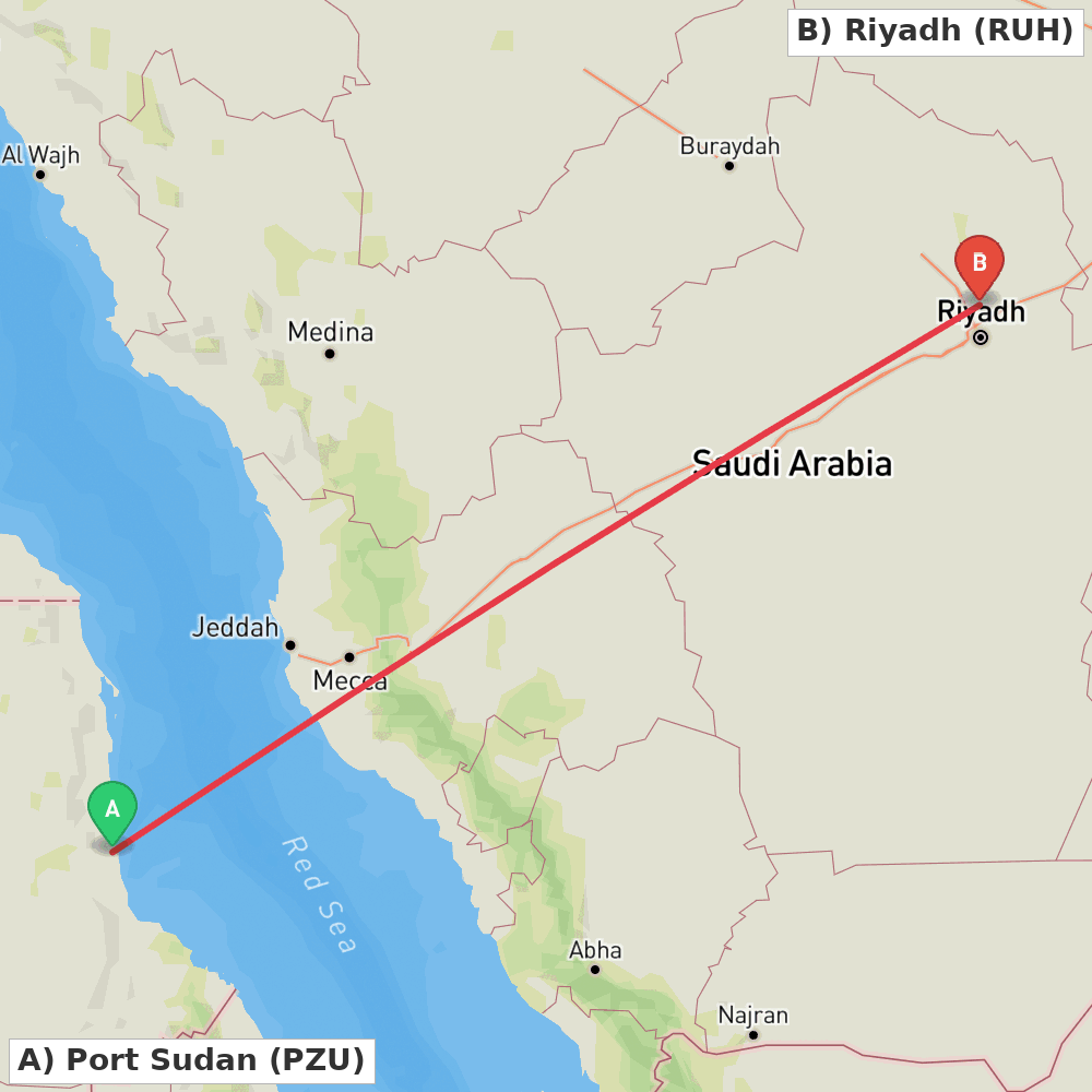 Flight route map from Port Sudan to Riyadh