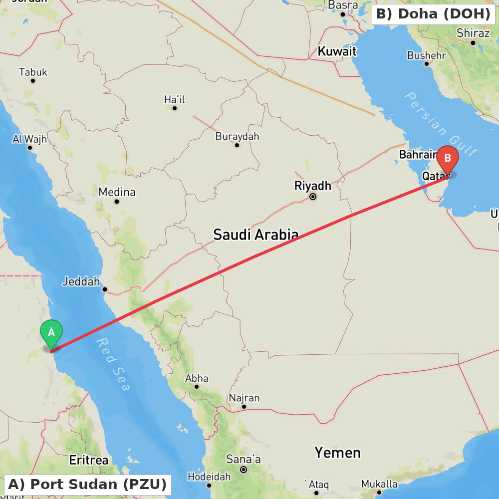 Flight route map from Port Sudan to Doha