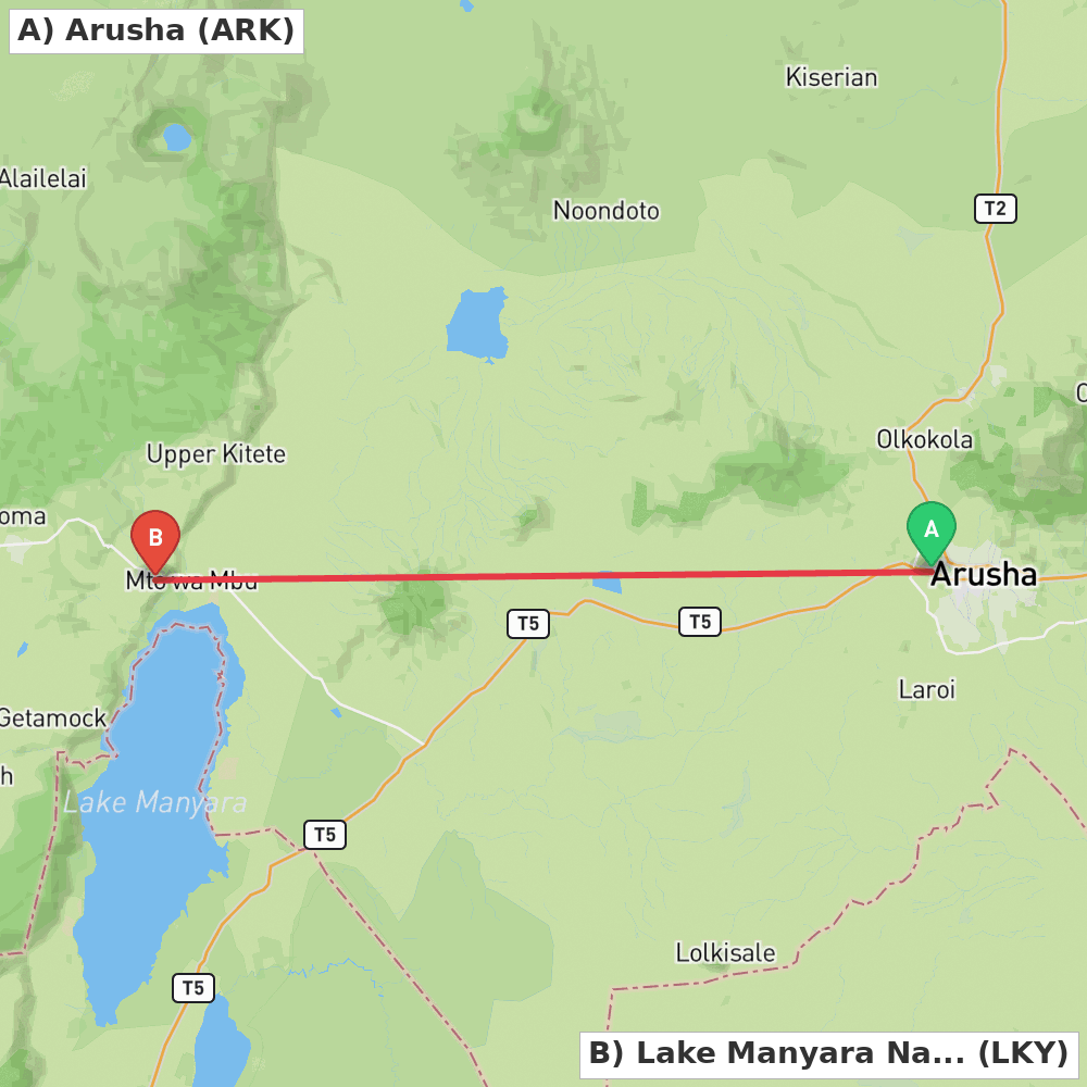 Flight route map from Arusha to Lake Manyara National Park