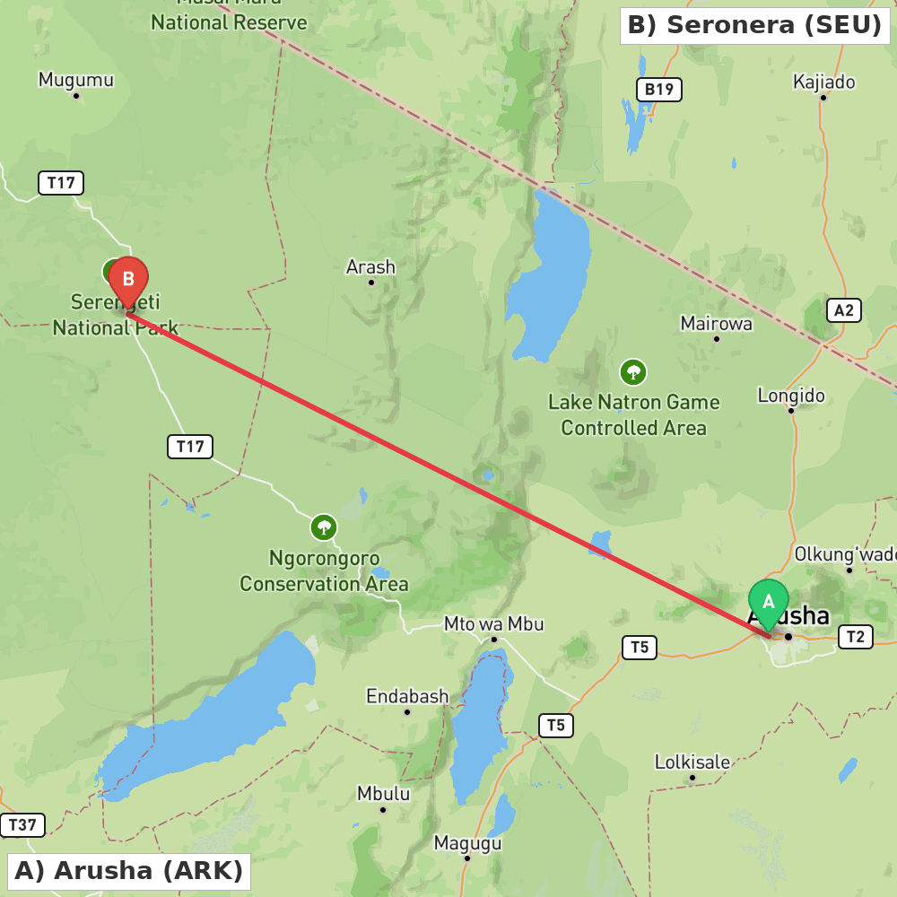 Flight route map from Arusha to Seronera