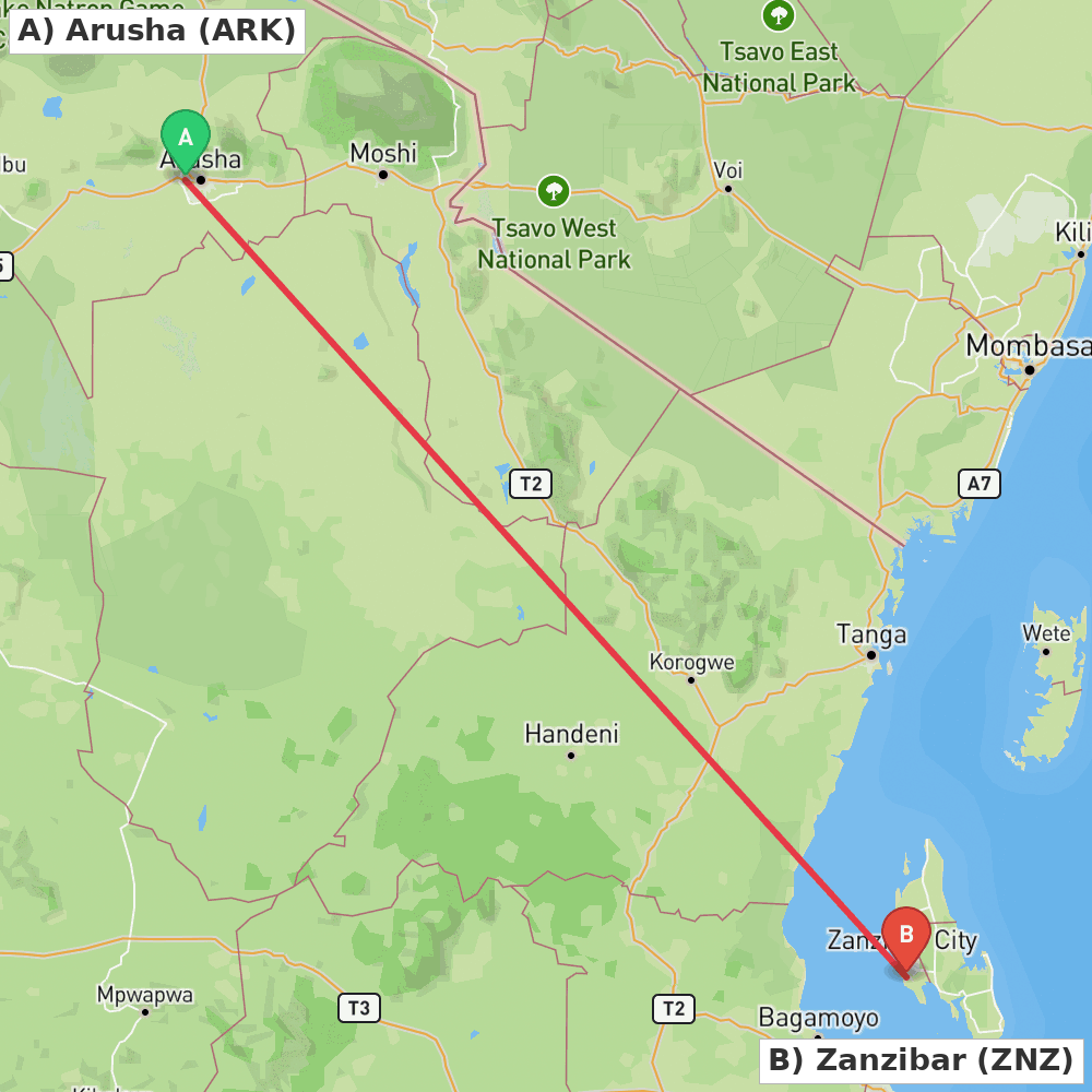 Flight route map from Arusha to Zanzibar