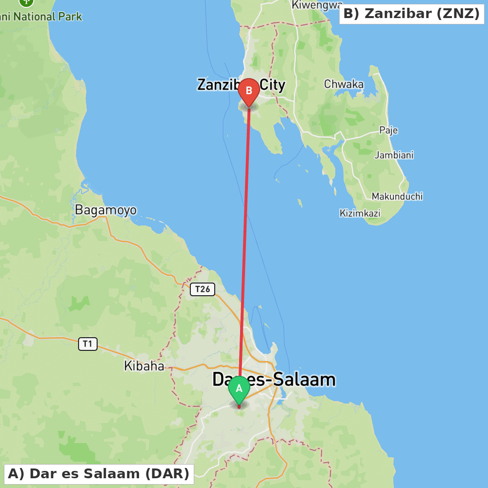 Flight route map from Dar es Salaam to Zanzibar