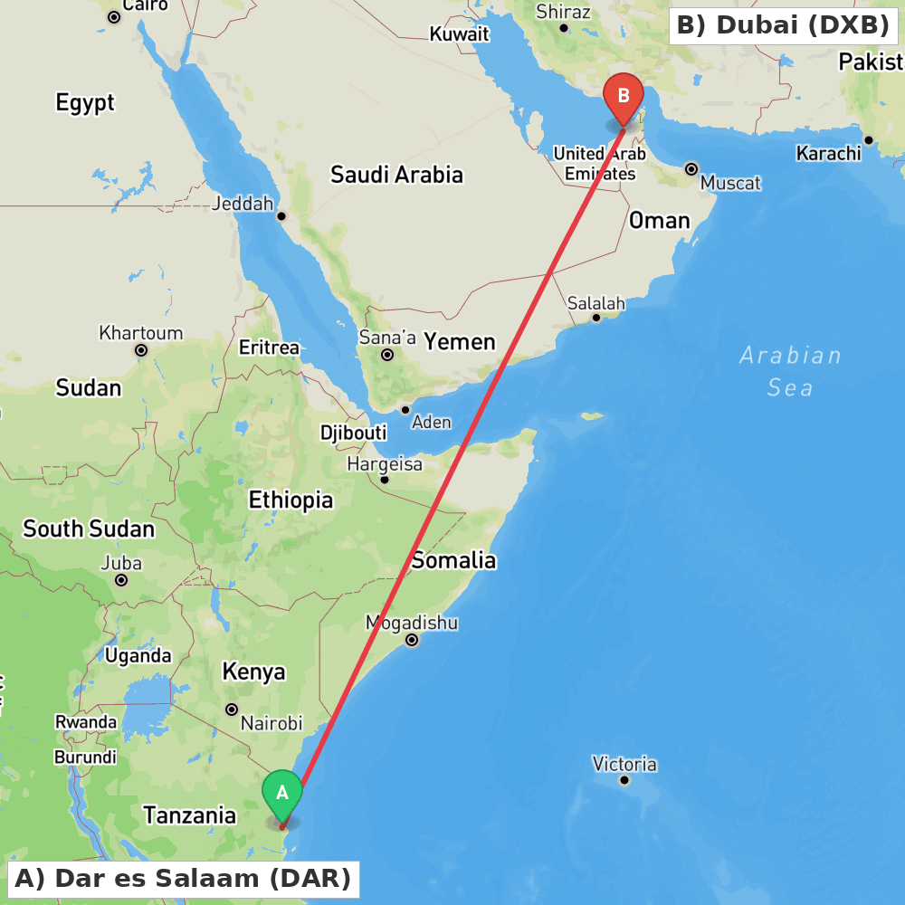 Flight route map from Dar es Salaam to Dubai