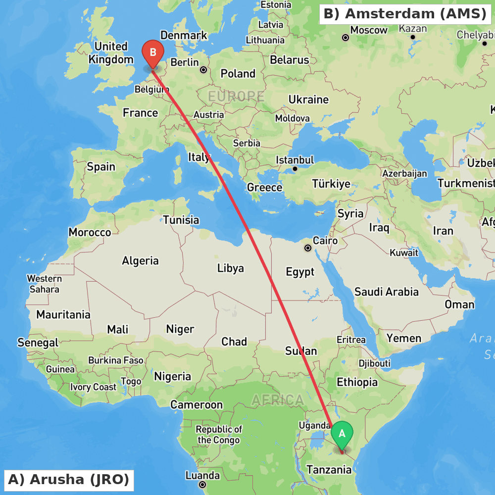 Flight route map from Arusha to Amsterdam