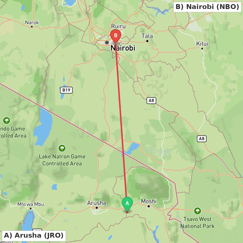 Flight route map from Arusha to Nairobi