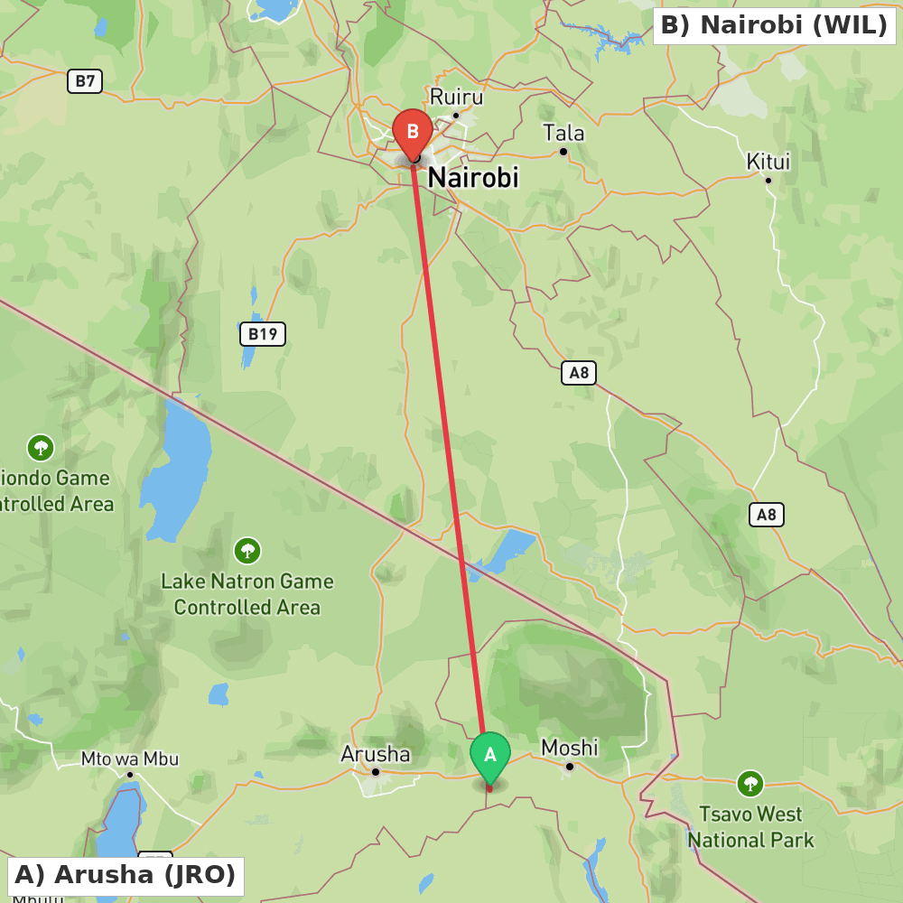Flight route map from Arusha to Nairobi
