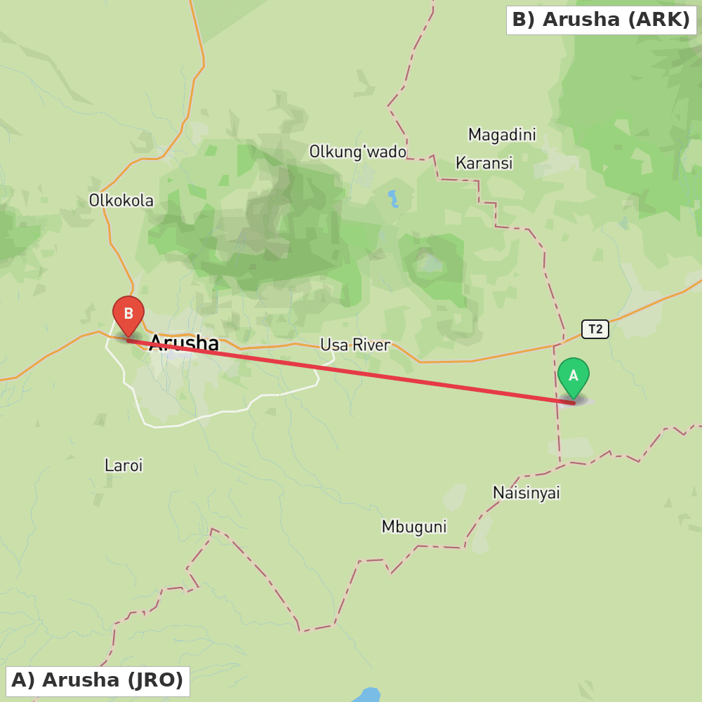 Flight route map from Arusha to Arusha