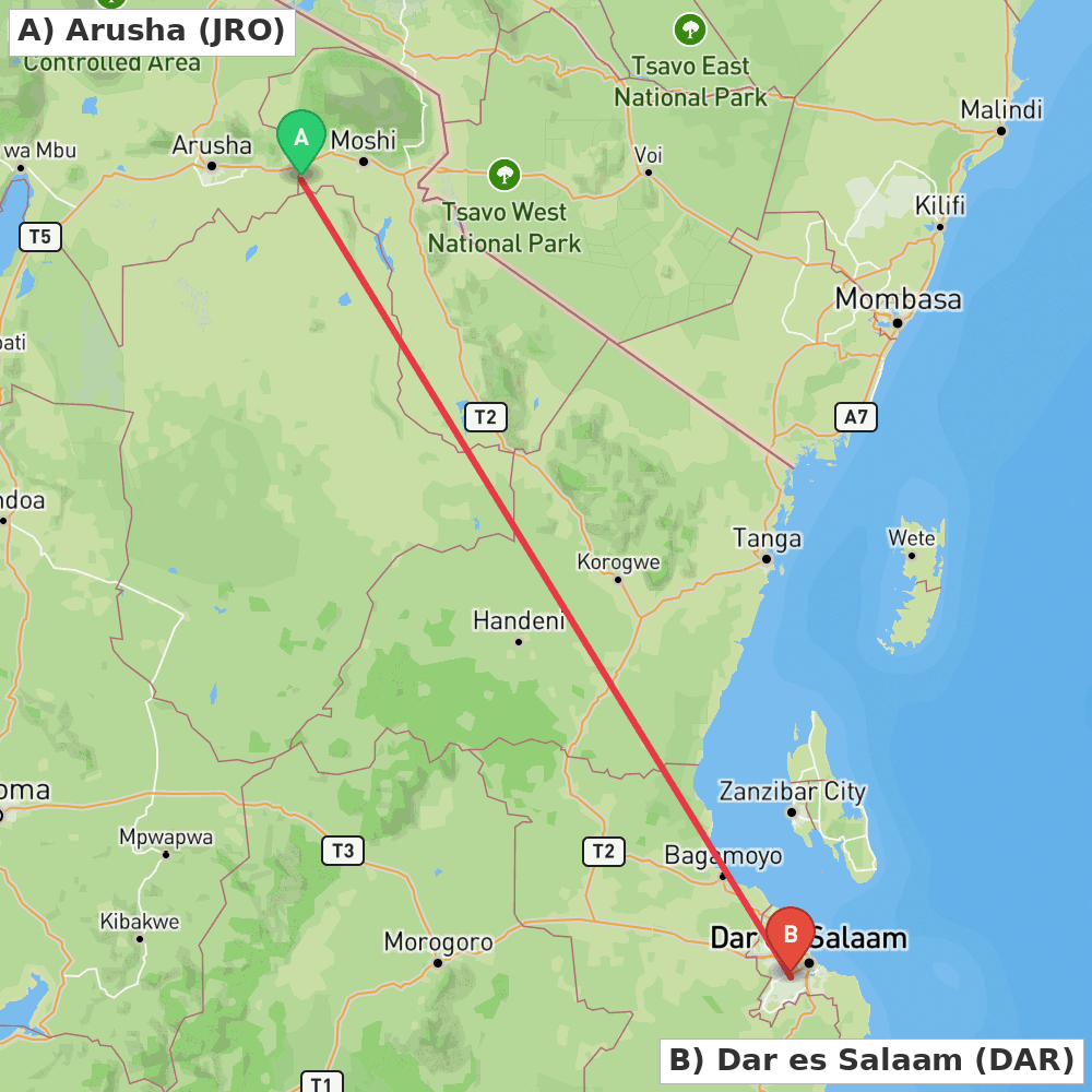 Flight route map from Arusha to Dar es Salaam