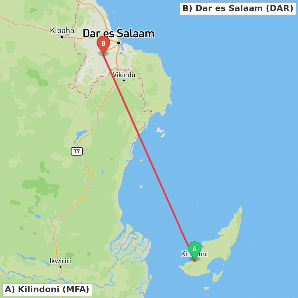 Flight route map from Kilindoni to Dar es Salaam