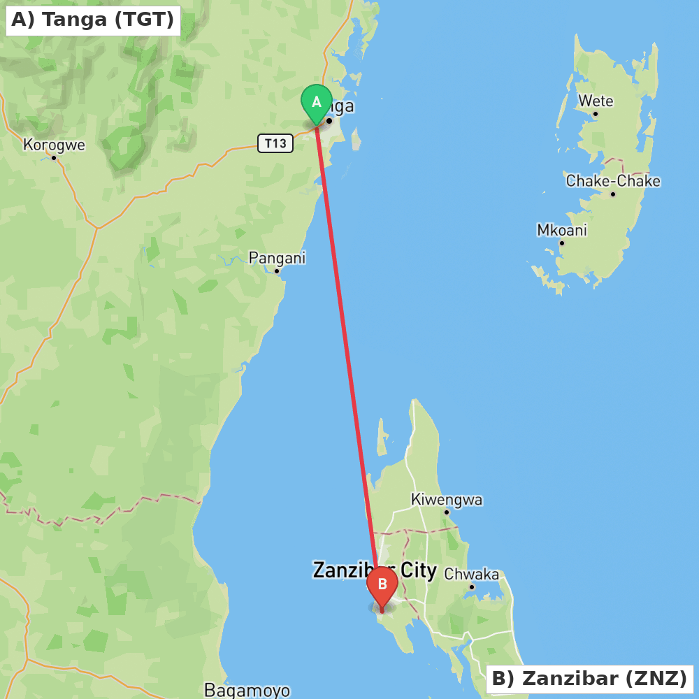 Flight route map from Tanga to Zanzibar