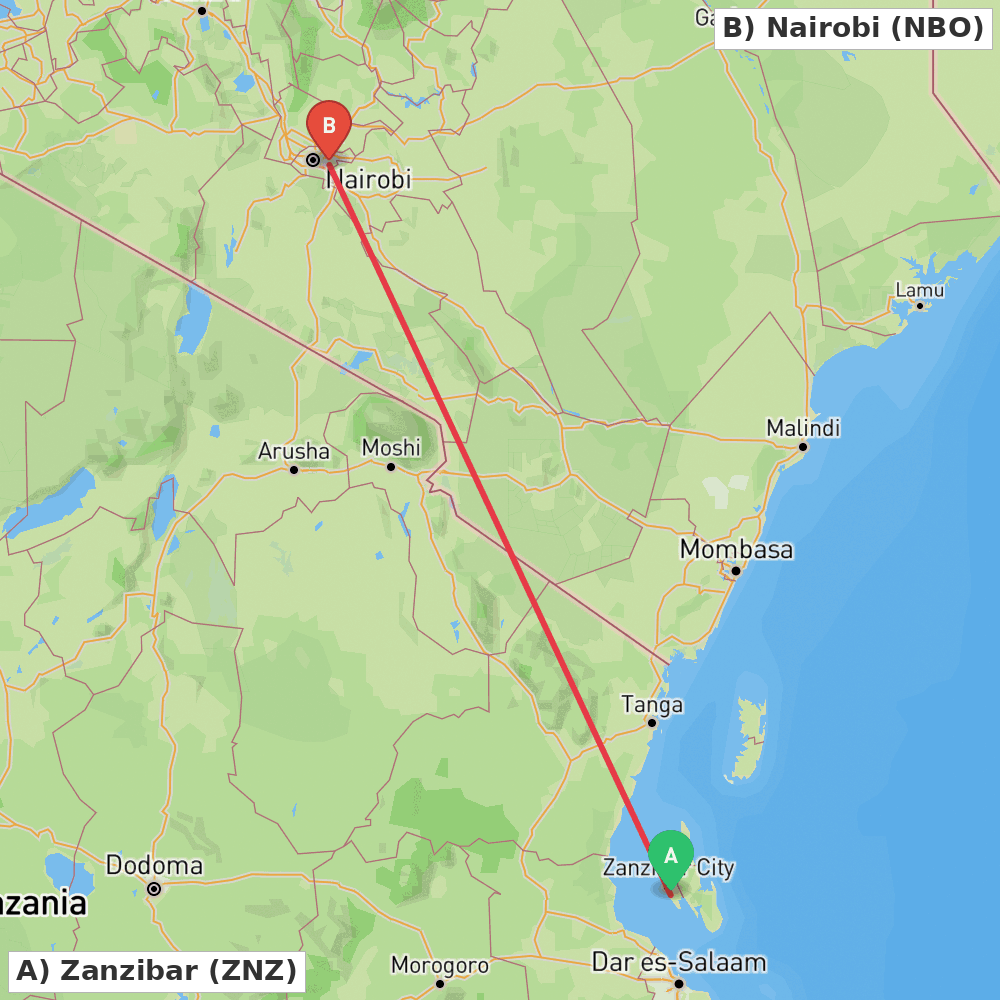 Flight route map from Zanzibar to Nairobi