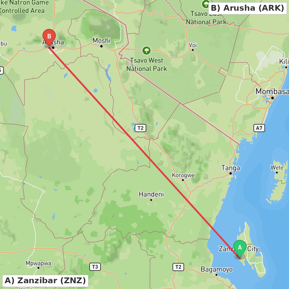 Flight route map from Zanzibar to Arusha