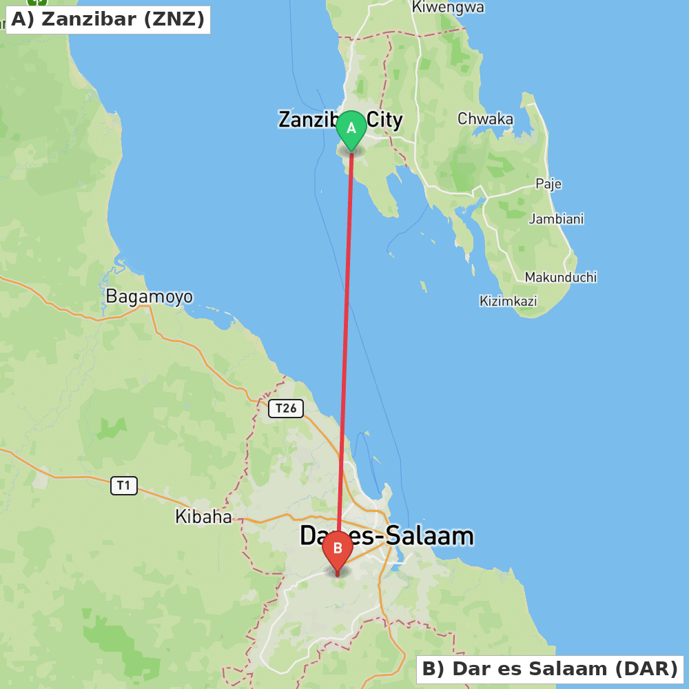 Flight route map from Zanzibar to Dar es Salaam