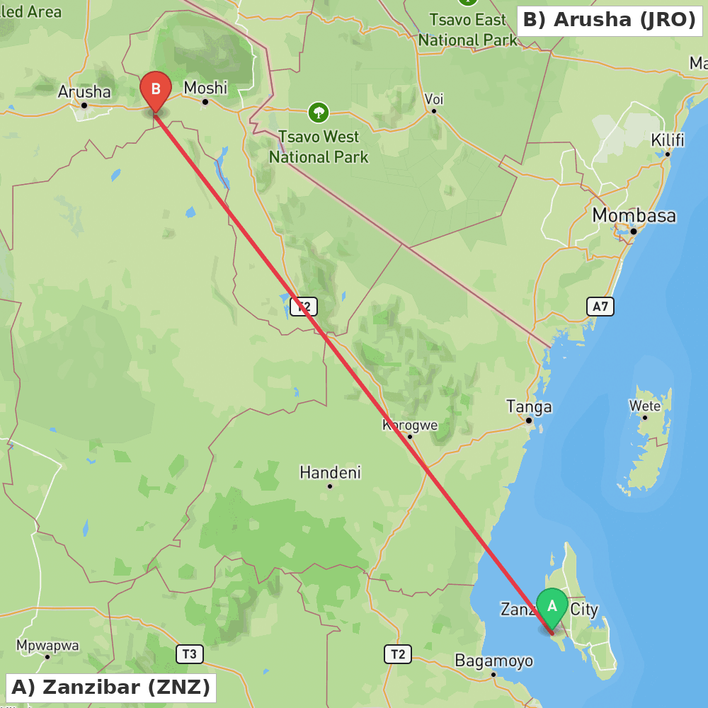 Flight route map from Zanzibar to Arusha