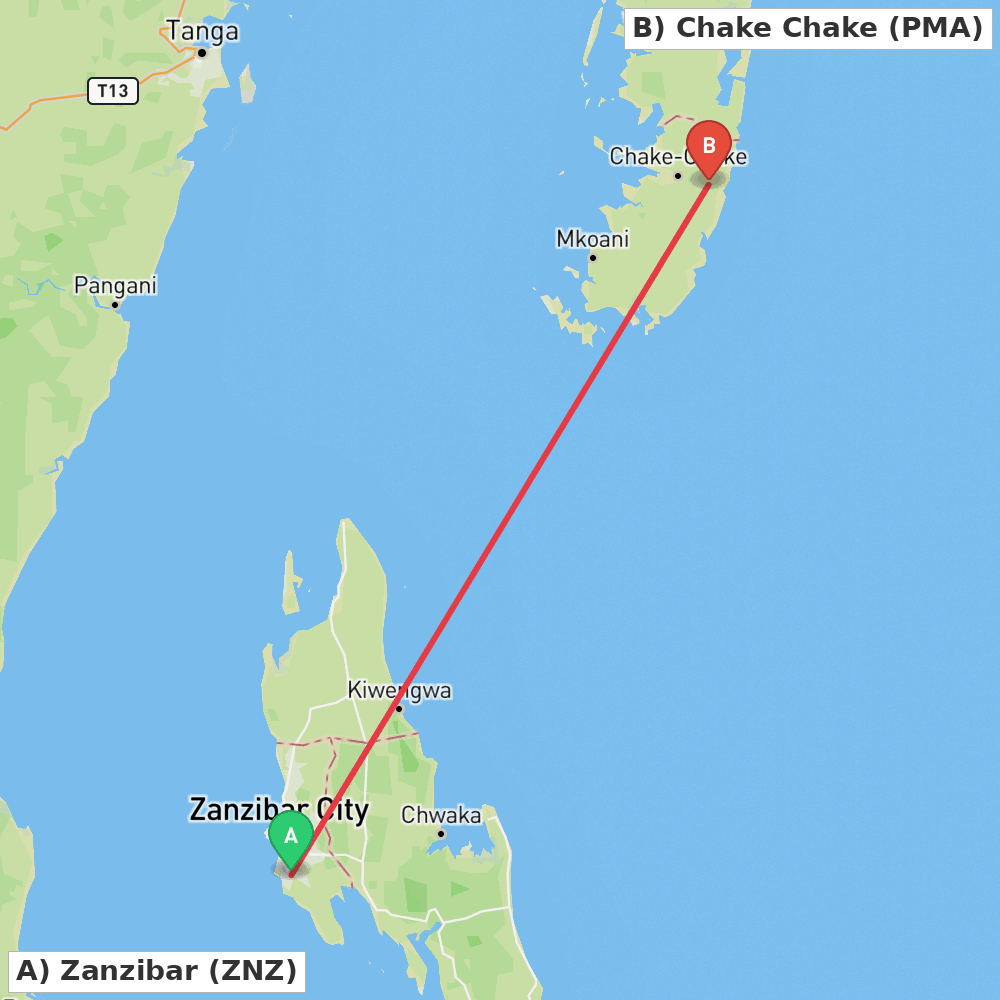 Flight route map from Zanzibar to Chake Chake