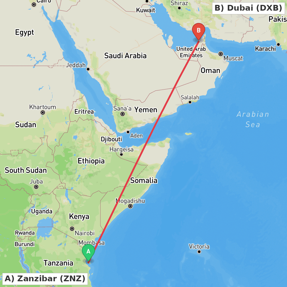 Flight route map from Zanzibar to Dubai