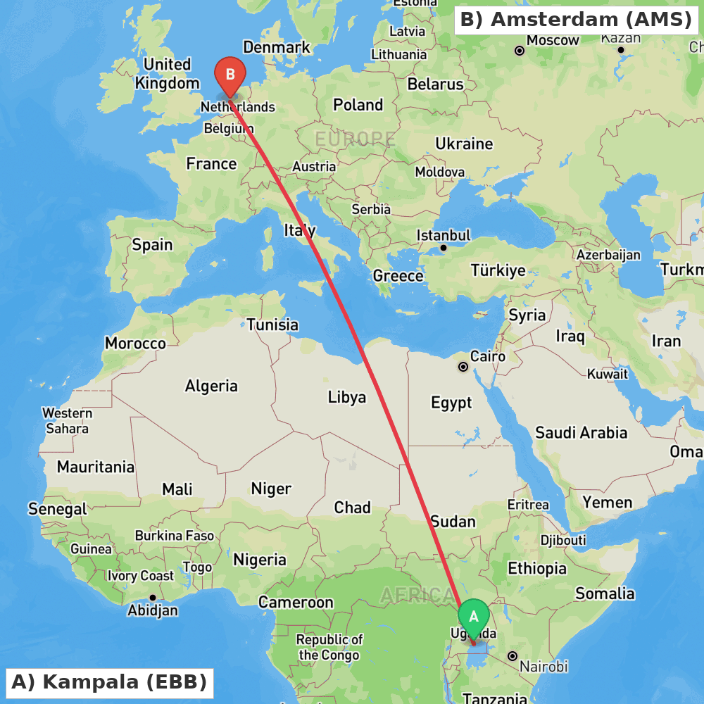 Flight route map from Kampala to Amsterdam