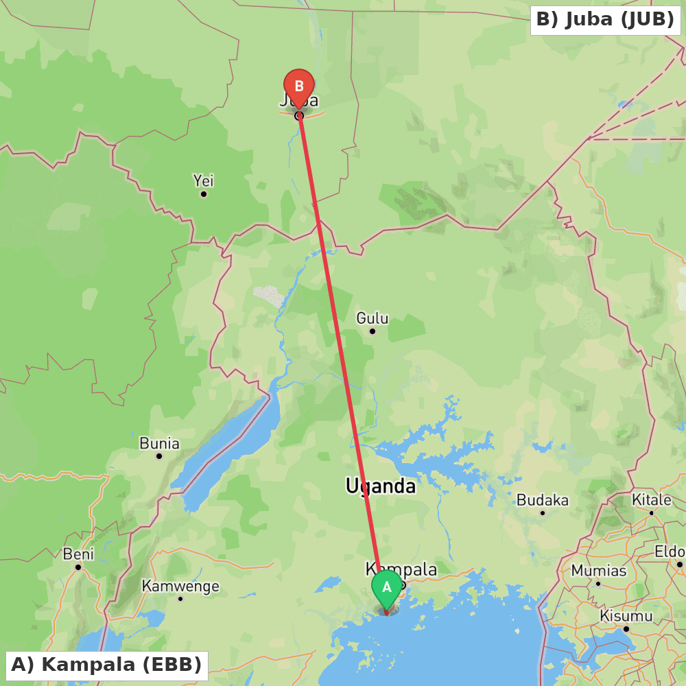 Flight route map from Kampala to Juba