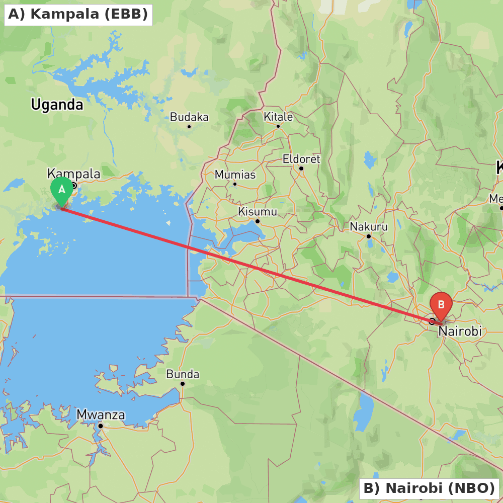 Flight route map from Kampala to Nairobi