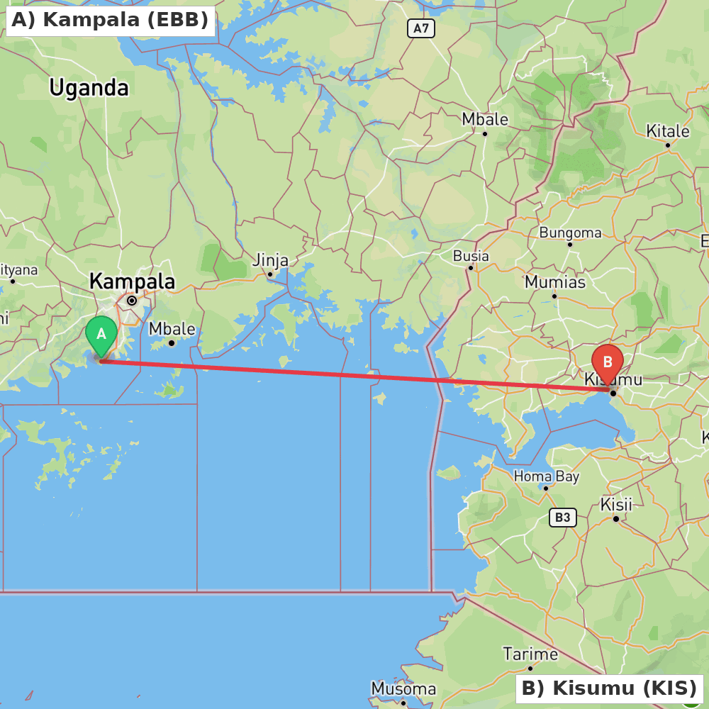 Flight route map from Kampala to Kisumu