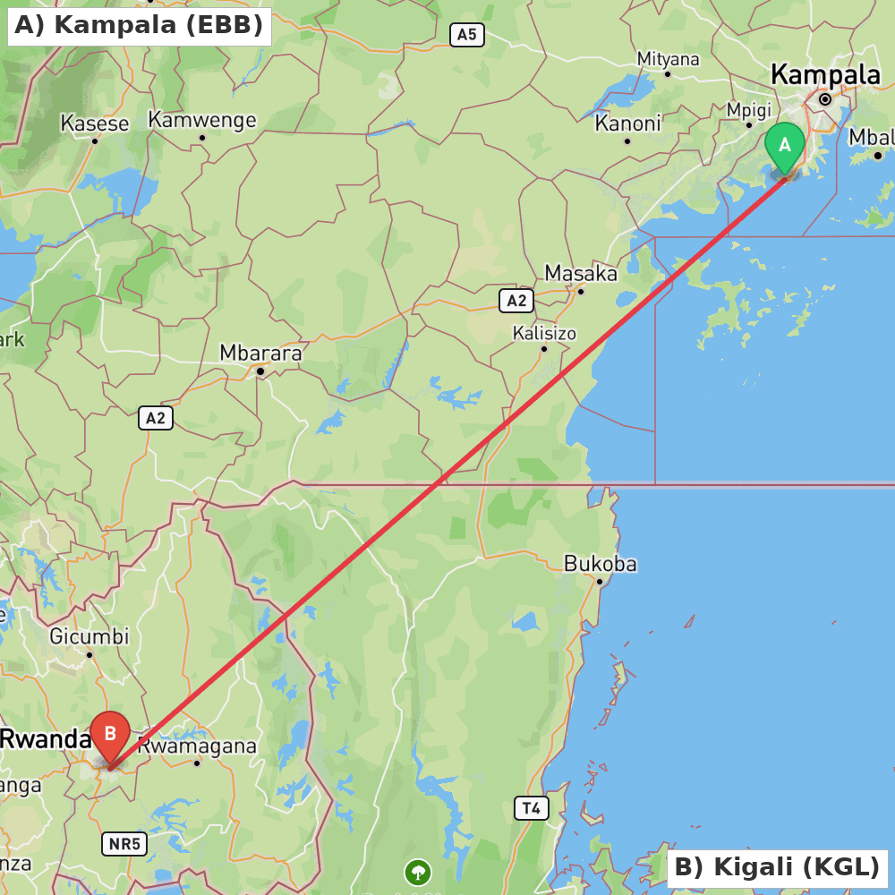 Flight route map from Kampala to Kigali