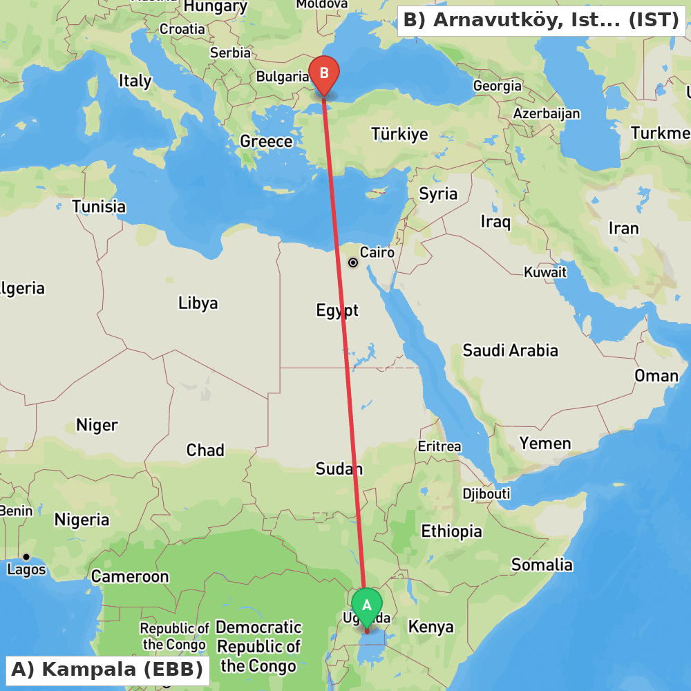 Flight route map from Kampala to Arnavutköy, Istanbul