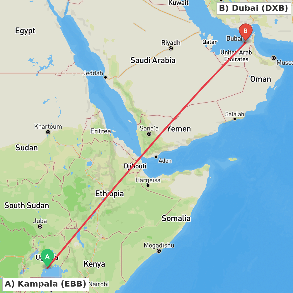 Flight route map from Kampala to Dubai