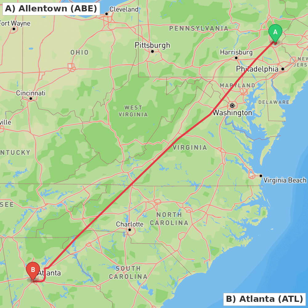 Flight route map from Allentown to Atlanta