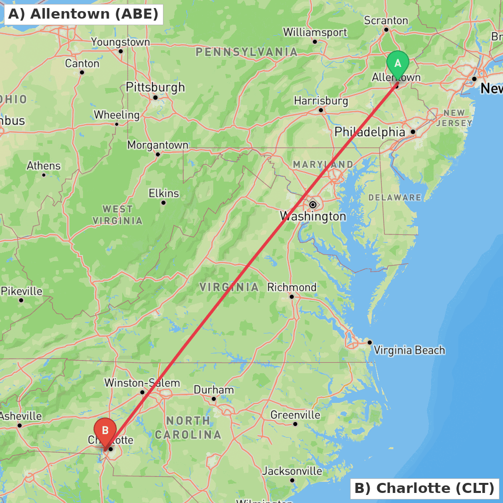 Flight route map from Allentown to Charlotte