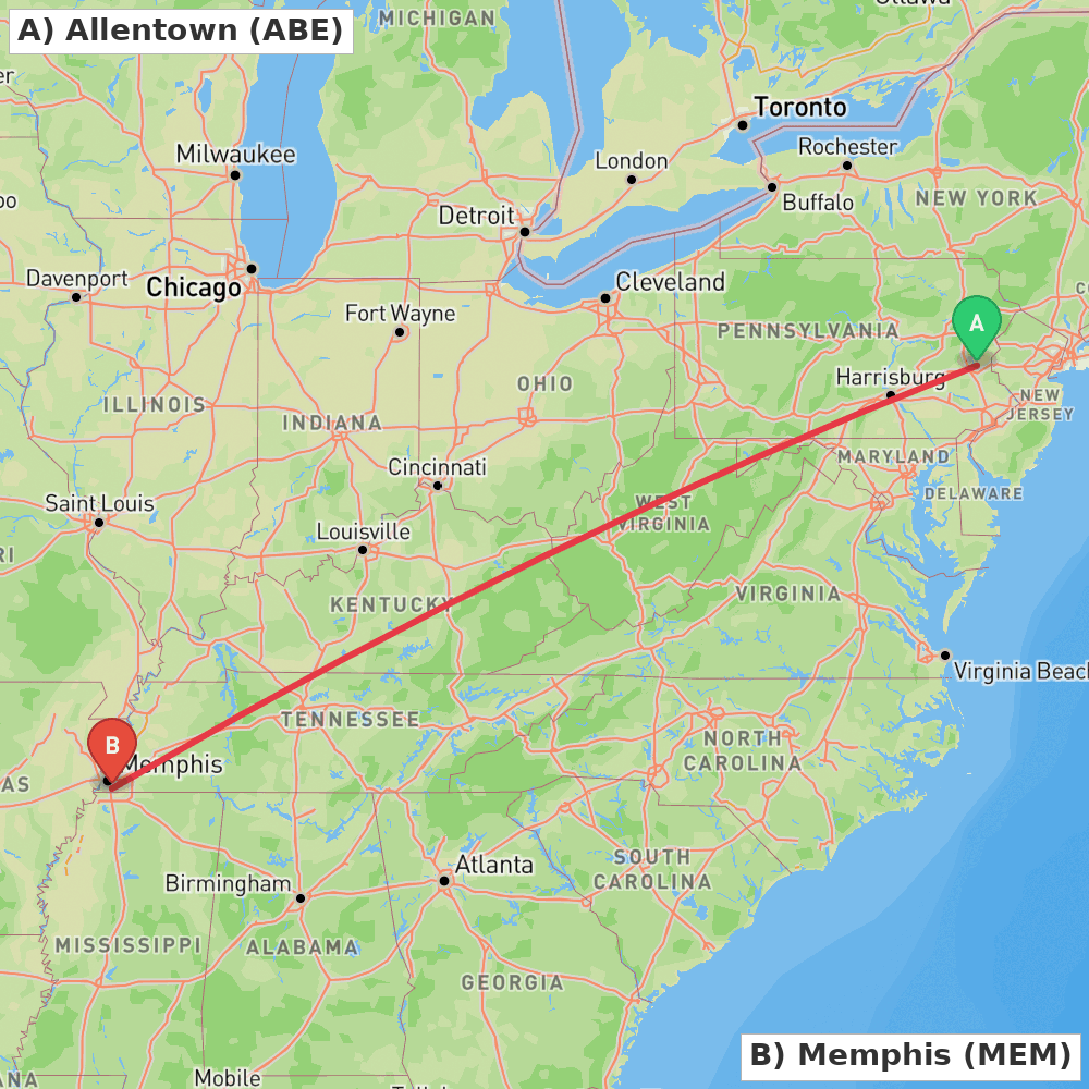 Flight route map from Allentown to Memphis