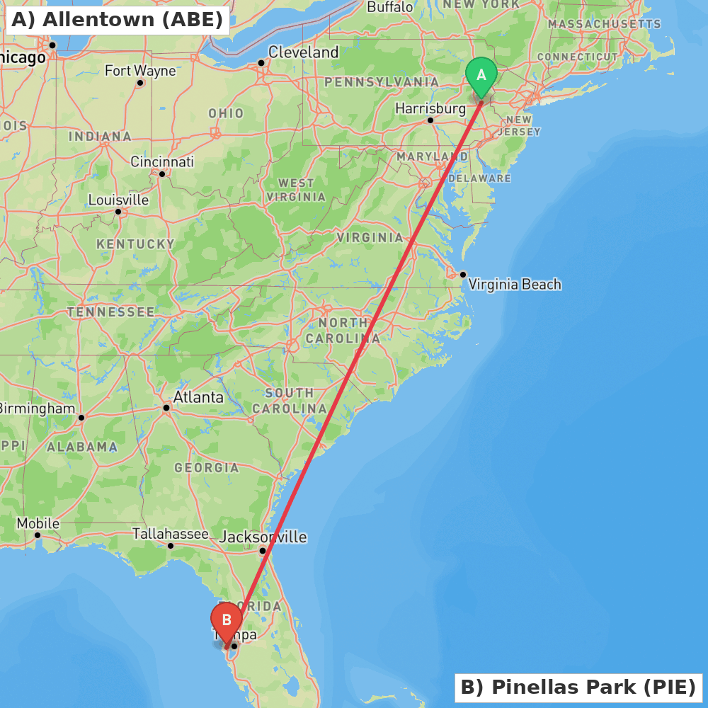 Flight route map from Allentown to Pinellas Park