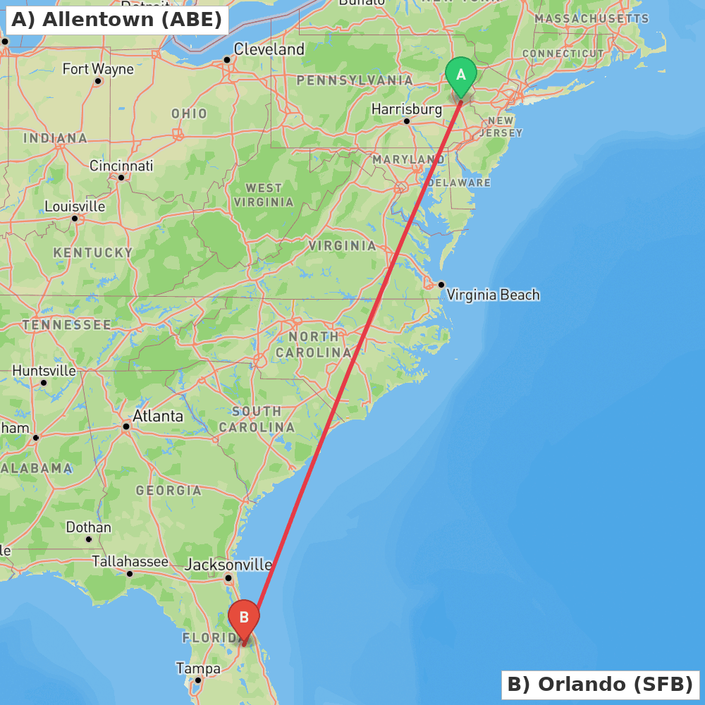 Flight route map from Allentown to Orlando