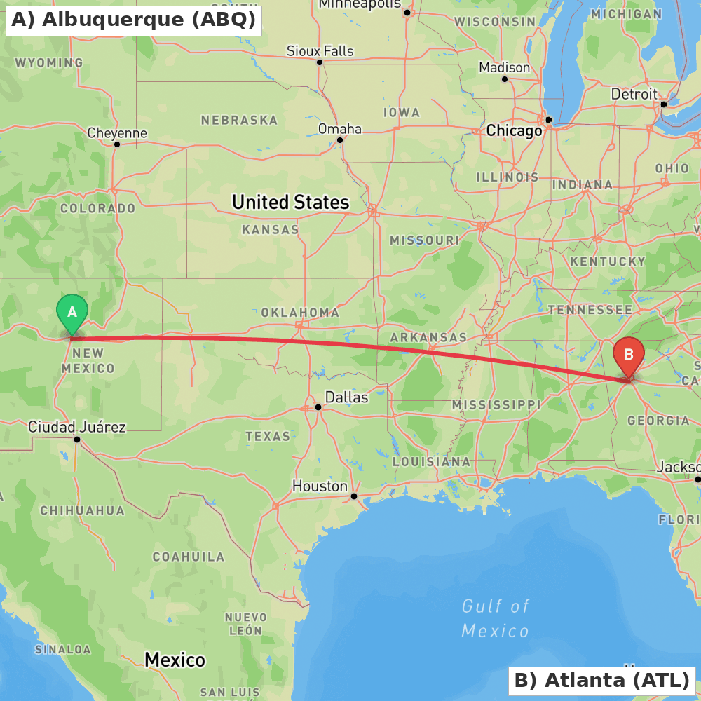 Flight route map from Albuquerque to Atlanta