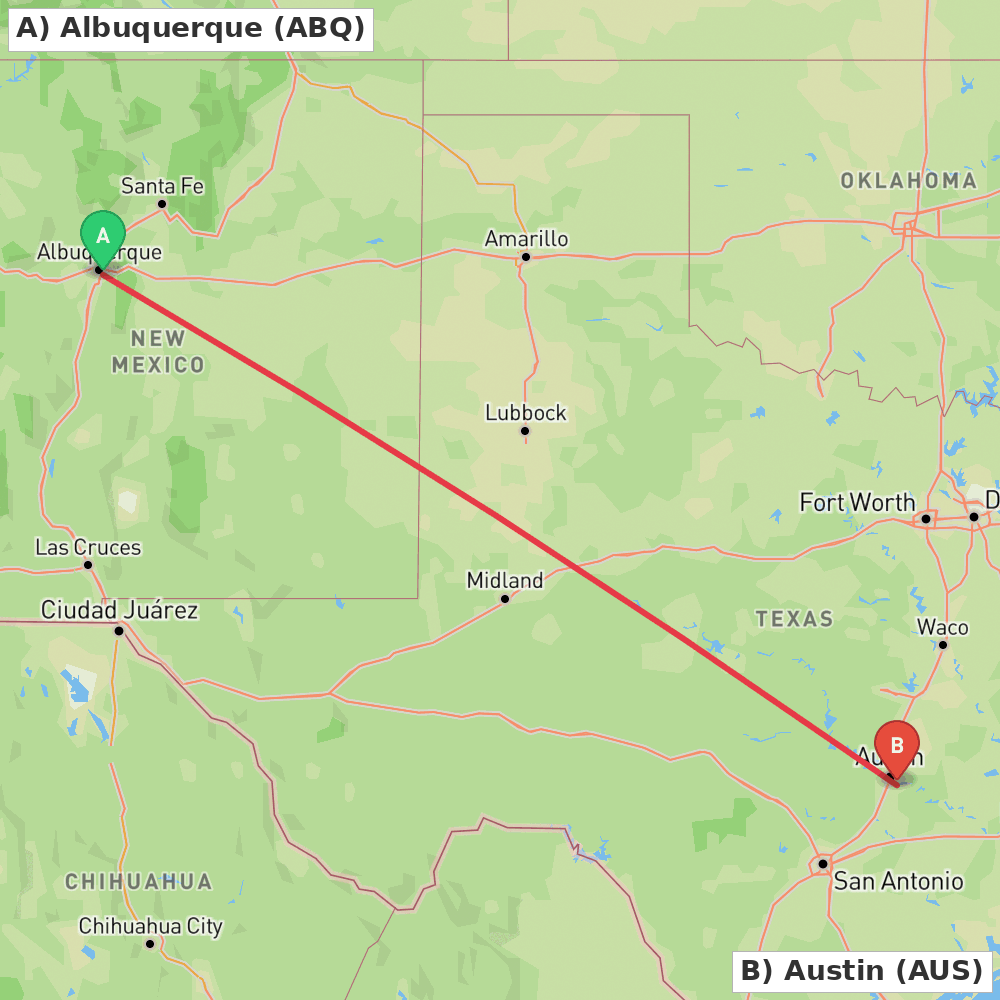 Flight route map from Albuquerque to Austin