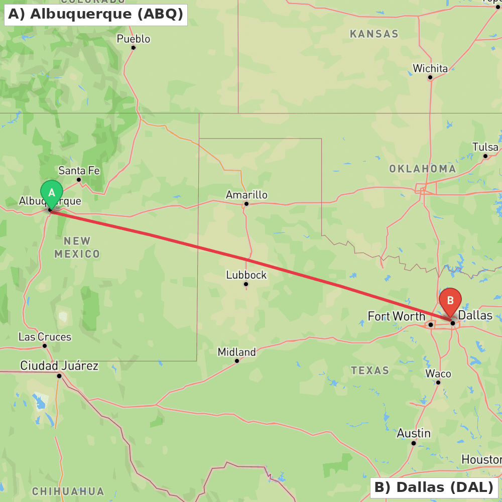 Flight route map from Albuquerque to Dallas