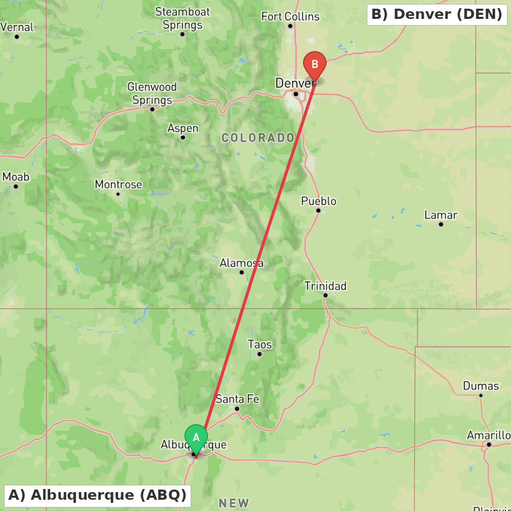 Flight route map from Albuquerque to Denver
