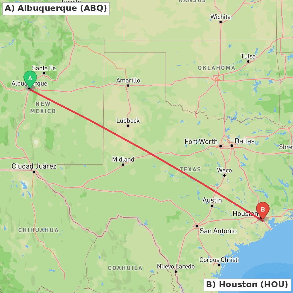 Flight route map from Albuquerque to Houston