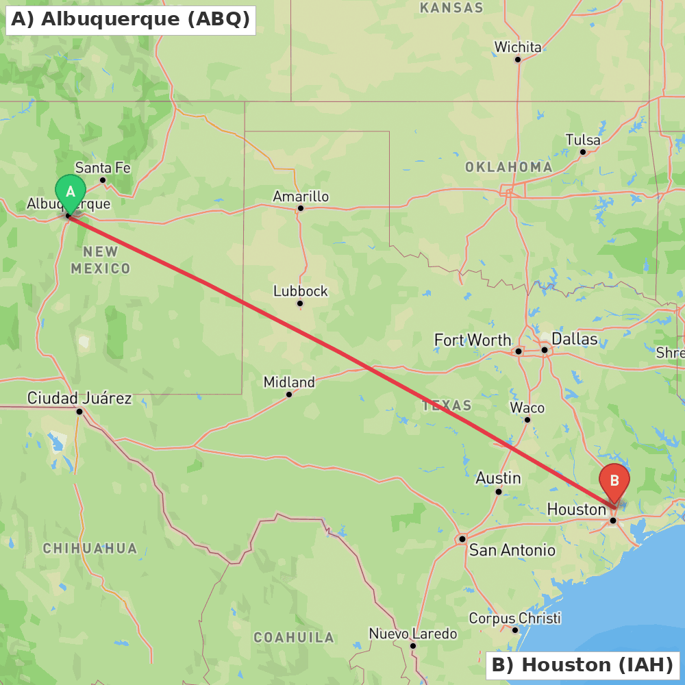 Flight route map from Albuquerque to Houston