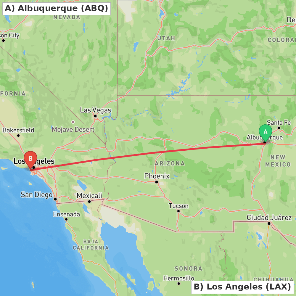 Flight route map from Albuquerque to Los Angeles