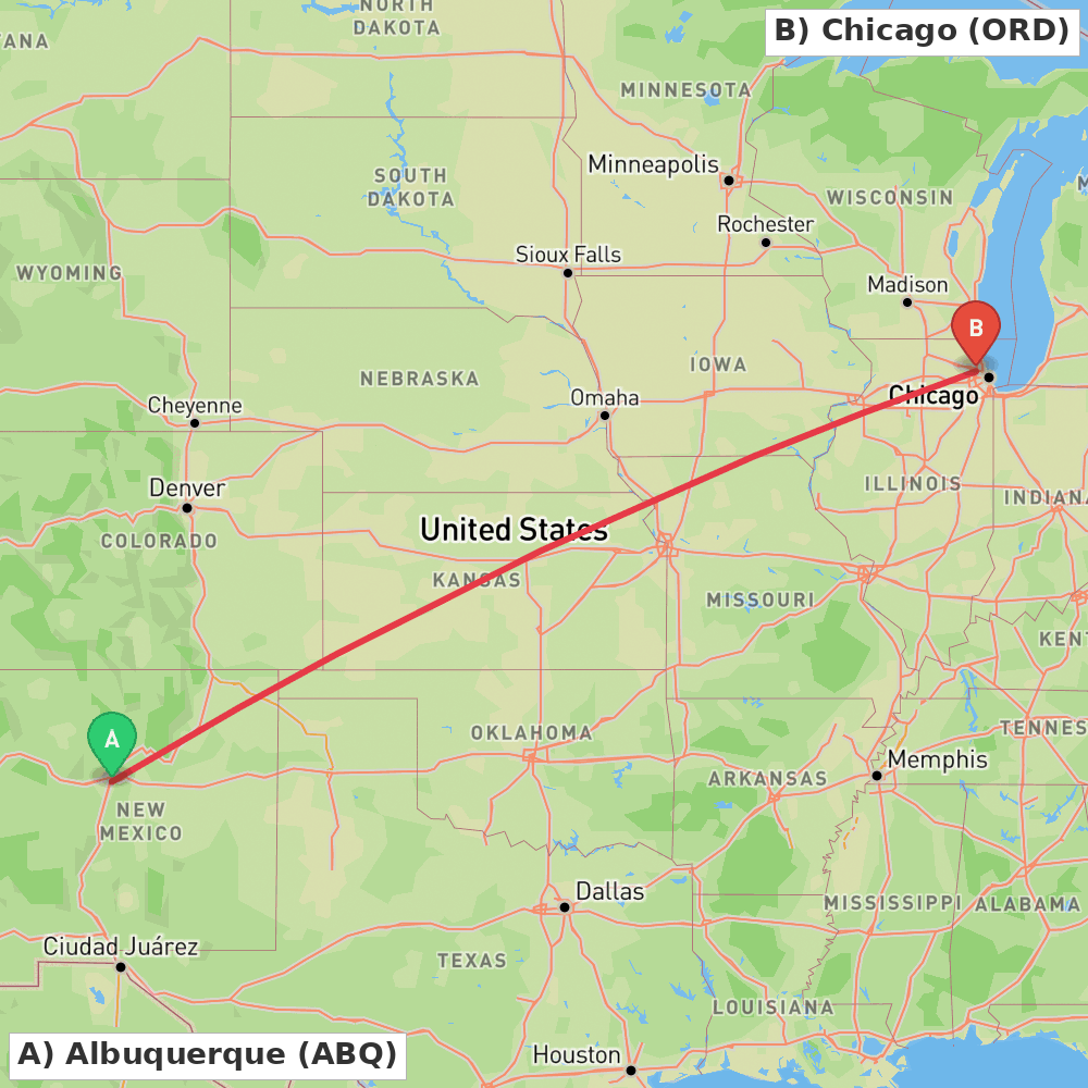 Flight route map from Albuquerque to Chicago