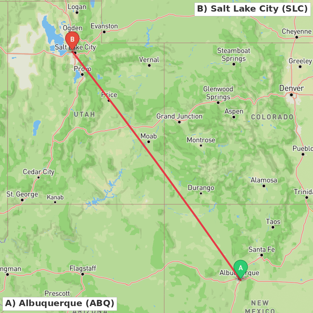 Flight route map from Albuquerque to Salt Lake City
