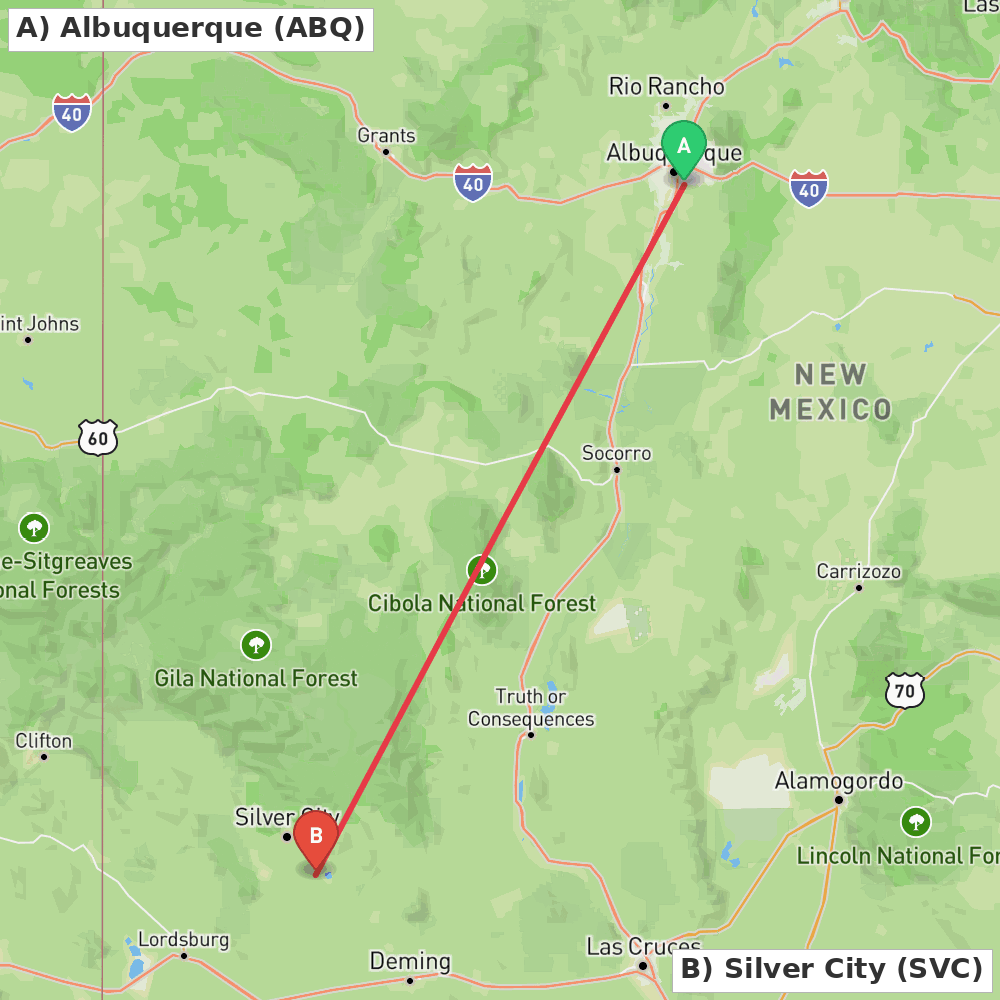 Flight route map from Albuquerque to Silver City