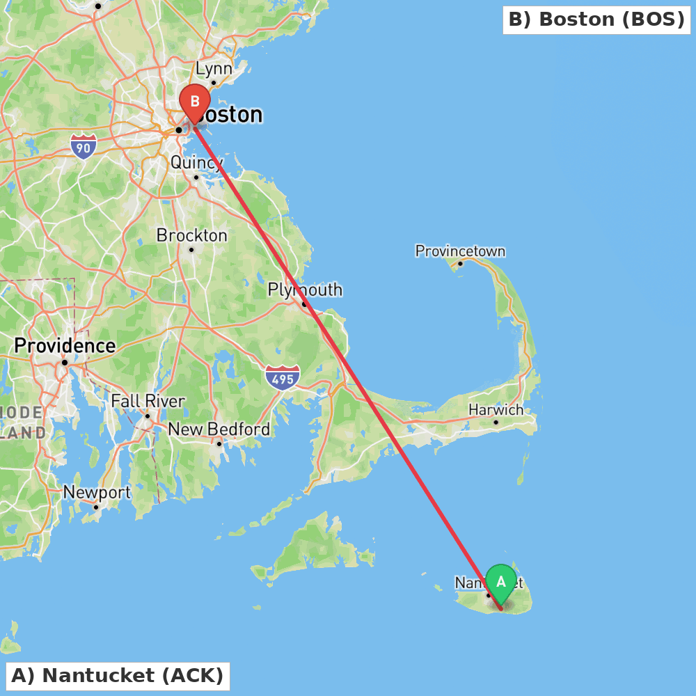 Flight route map from Nantucket to Boston